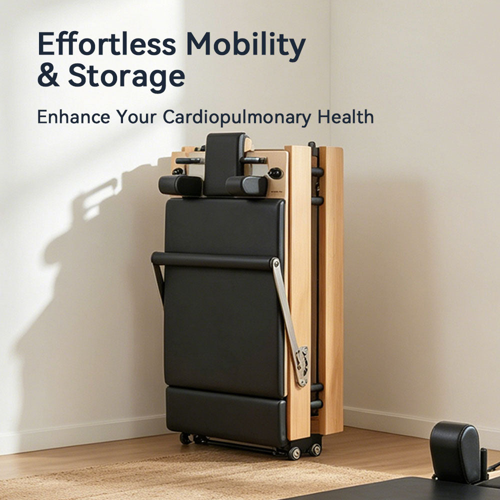 Foldable Oak Pilates Reformer mobility and storage