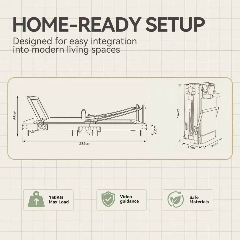 Oak Pilates Reformer dimensions and home-ready setup