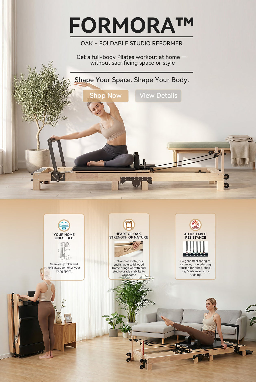 Foldable Oak Wood Pilates Reformer - Home Studio Edition
