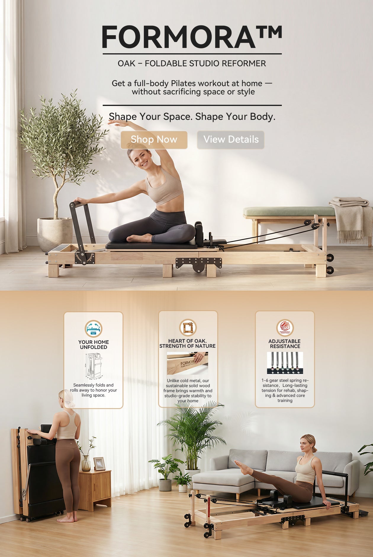 Foldable Oak Wood Pilates Reformer - Home Studio Edition