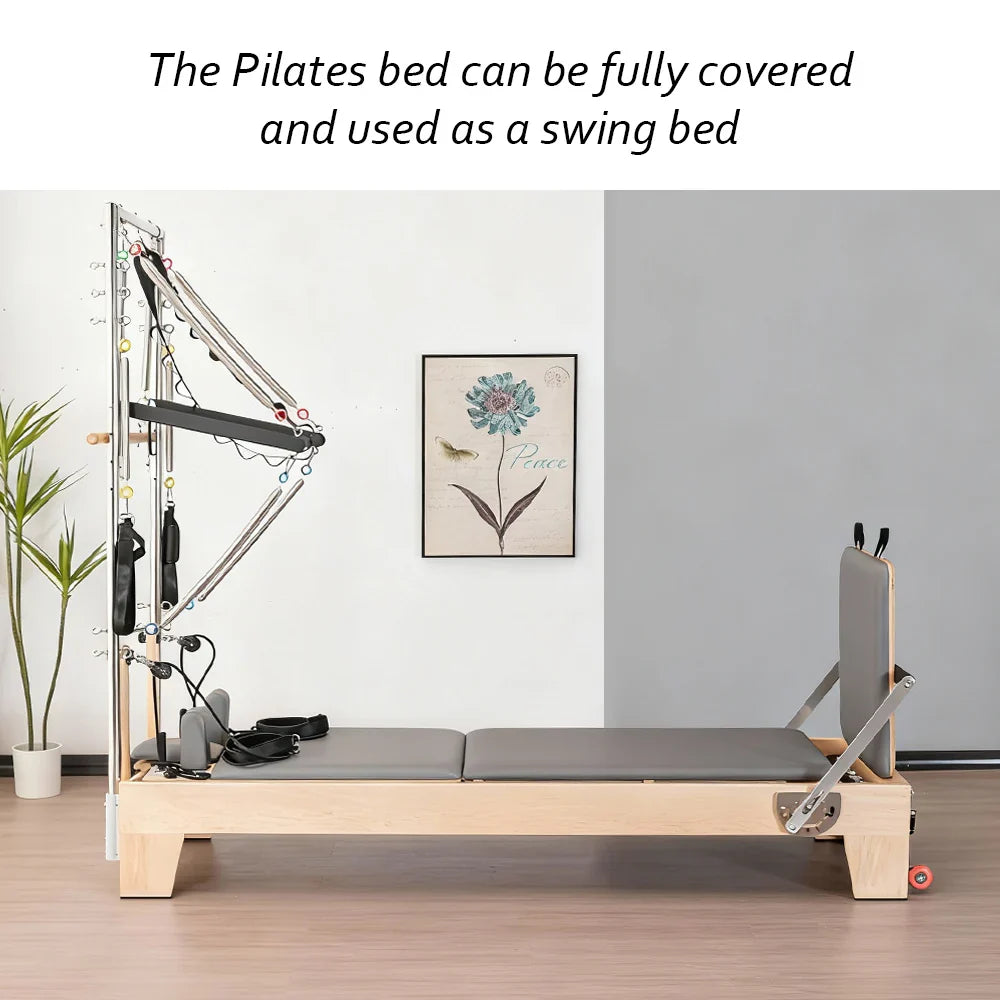 Professional Pilates Reformer with Tower – Rubberwood & 14-Spring Resistance System