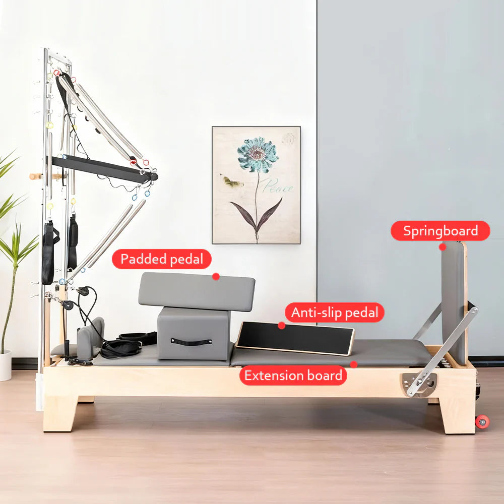 Professional Pilates Reformer with Tower – Rubberwood & 14-Spring Resistance System