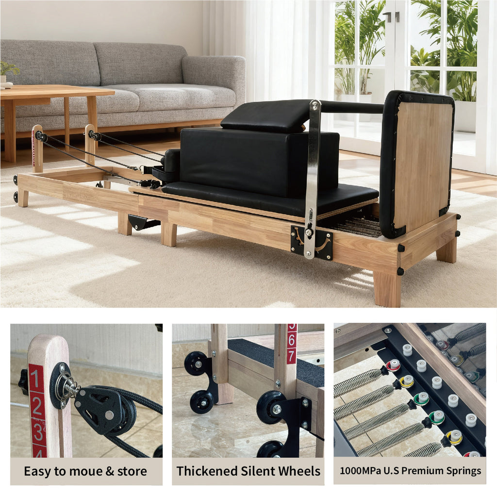 Oak Pilates Reformer wheels and spring detail