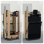 Foldable Oak Pilates Reformer folded upright for storage