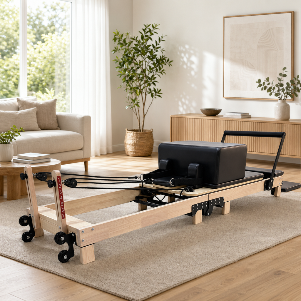 Foldable Oak Pilates Reformer set up in a home living space